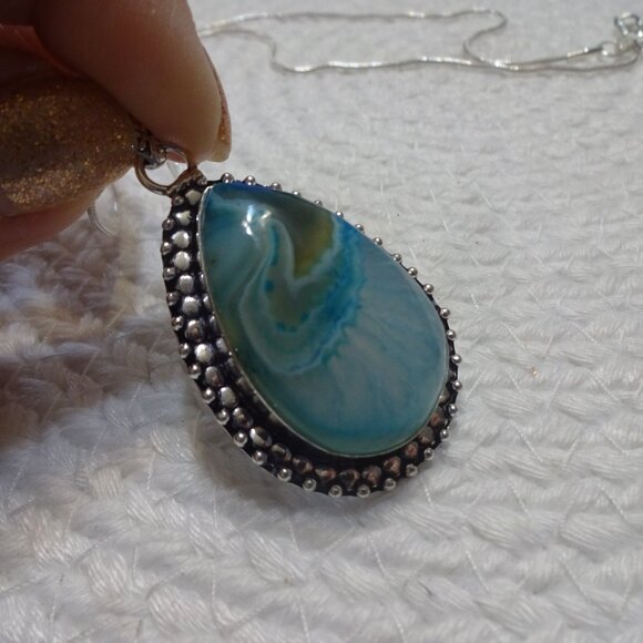Stunning BLUE BOTSWANA AGATE Handmade Sterling 925 Pendant/Chain #998C - Picture 1 of 3